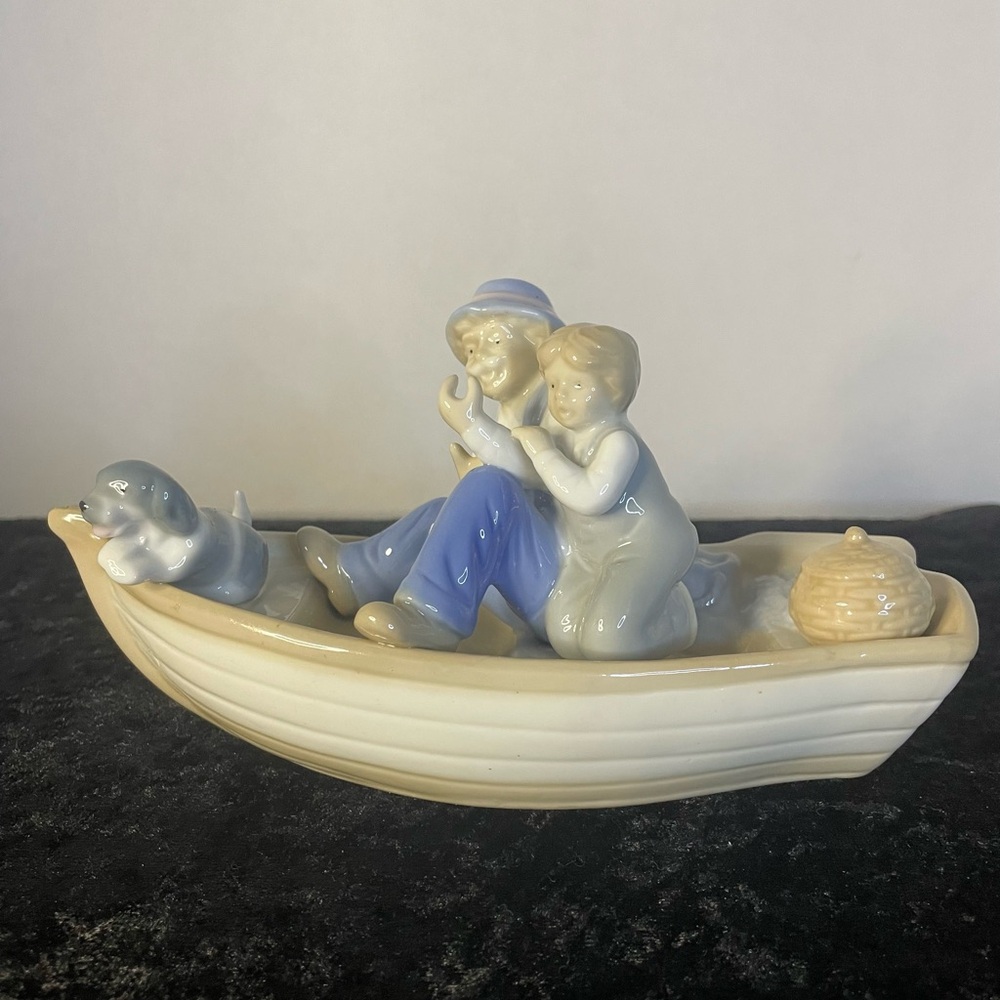 Man Boy Dog Fishing Boat Father Grandfather Son Grandson Paul Sebastian Figurine